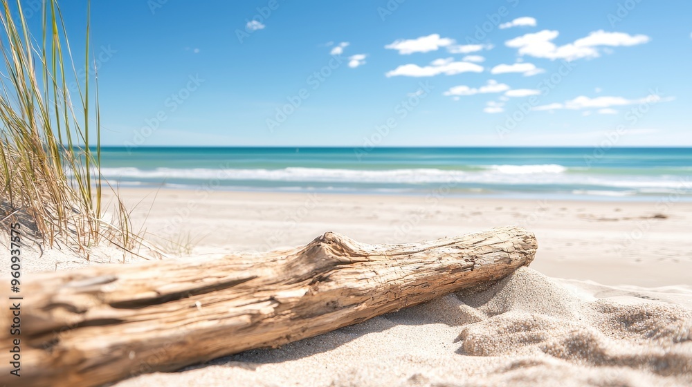 Driftwood on Sandy Beach with Ocean and Blue Sky Background Driftwood on Sandy Beach with Ocean and Blue Sky Background