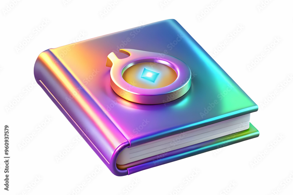 Holographic Book with Labh Pancham Symbol and Copy Space - Vibrant holographic book design featuring the Labh Pancham symbol, glowing above a sleek white backdrop. Copy space available below for text Holographic Book with Labh Pancham Symbol and Copy Space - Vibrant holographic book design featuring the Labh Pancham symbol, glowing above a sleek white backdrop. Copy space available below for text