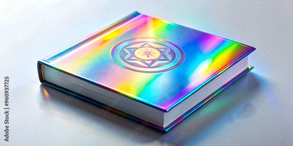 A holographic book with the Labh Pancham symbol glowing on the cover floating above a white background. The book's glossy surface reflects light, providing ample copy space. The camera angle highlight A holographic book with the Labh Pancham symbol glowing on the cover floating above a white background. The book's glossy surface reflects light, providing ample copy space. The camera angle highlight