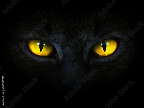 Cat eyes glow in the dark on a black background.