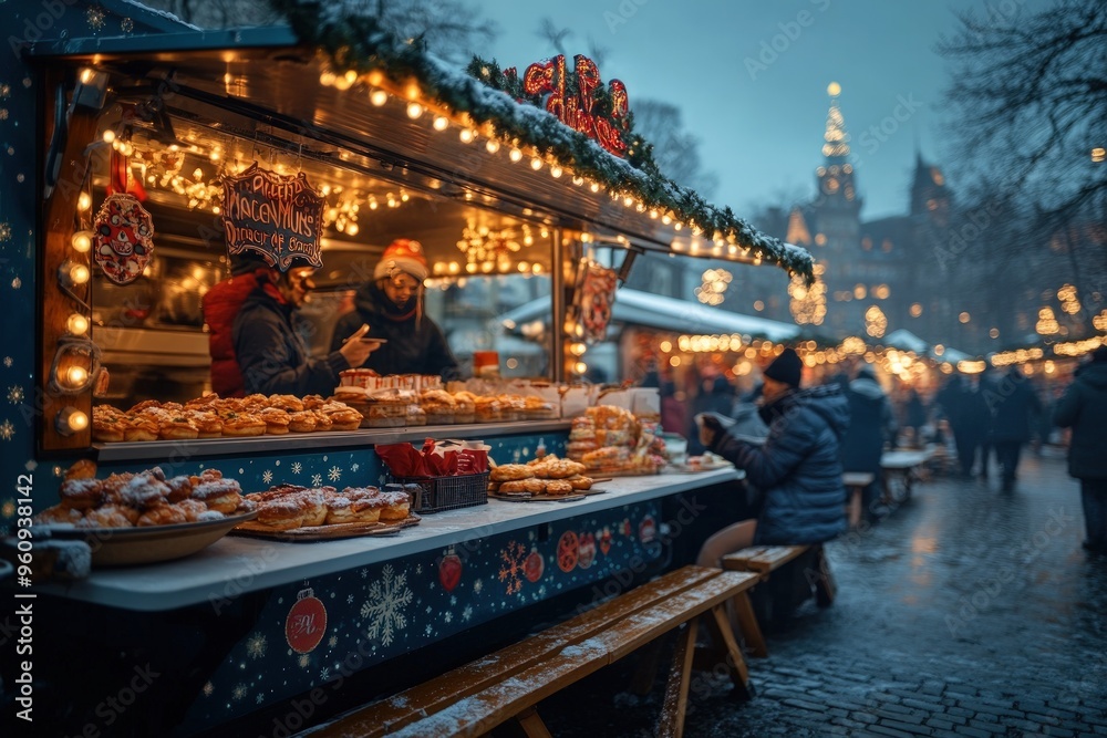 A bustling Christmas market scene with vendors selling traditional treats and shoppers browsing through the stalls. A bustling Christmas market scene with vendors selling traditional treats and shoppers browsing through the stalls.