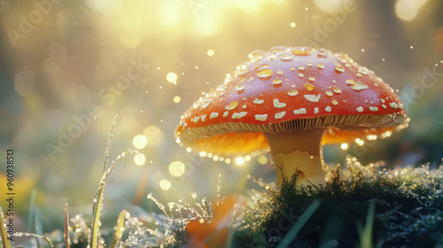 Mushroom with dewdrops glistening under a realistic soft sunlight, detailed texture