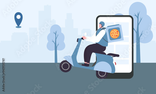 Cartoon pizza courier carries pizza on scooter. Pizzeria concept