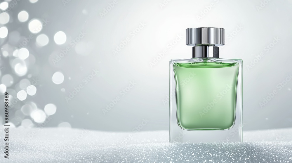 A bottle of green cologne sits on a snowy surface