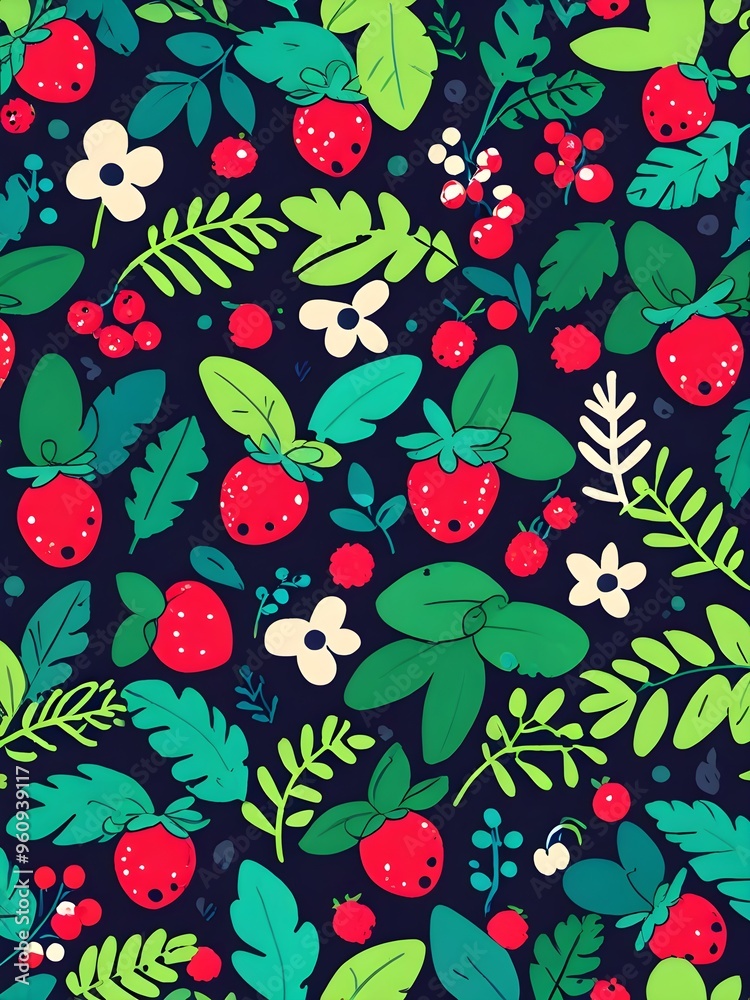Floral Pattern with Strawberries and Berries Floral Pattern with Strawberries and Berries