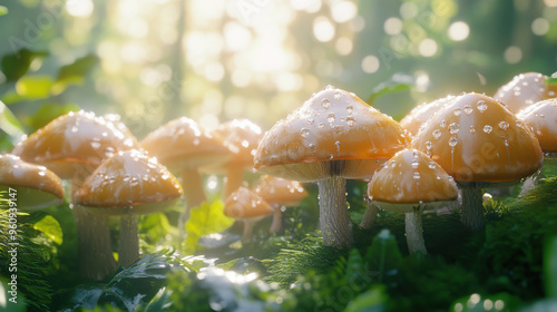 Photorealistic champagne mushrooms with water droplets, set against a backdrop of lush