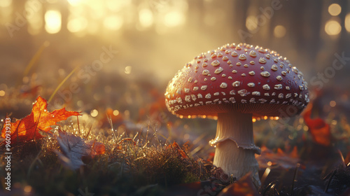 Photorealistic mushroom in the early morning light, dewdrops sparkling on the cap