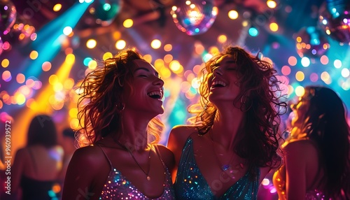 Vibrant night of revelry with dancers under a sparkling disco ball, immersed in dazzling lights and energetic music photo