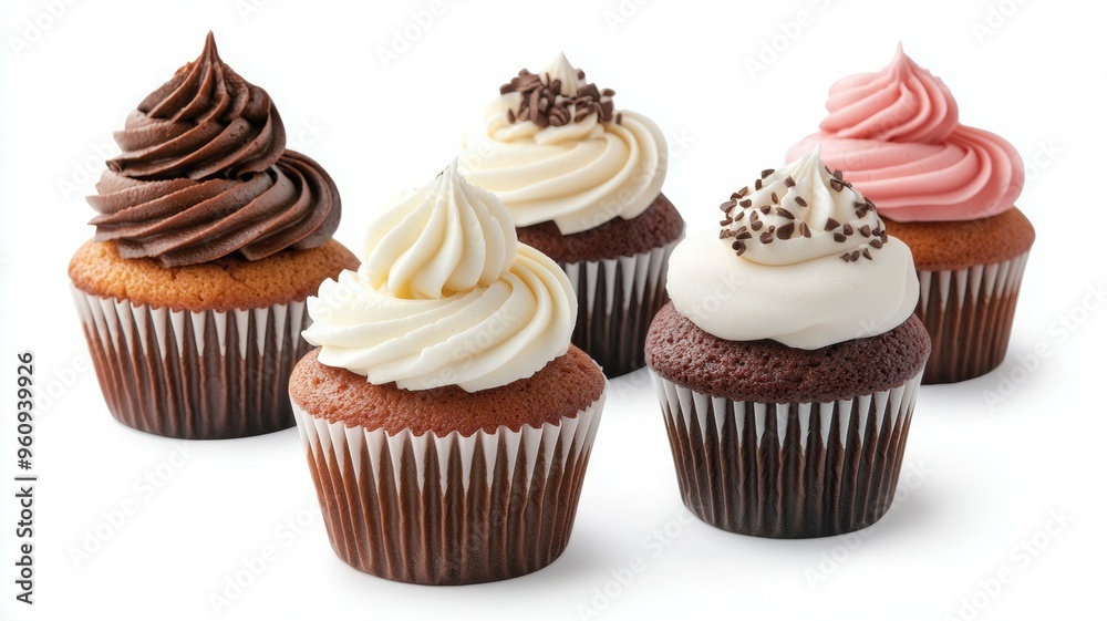 A row of cupcakes with different frostings and sprinkles A row of cupcakes with different frostings and sprinkles