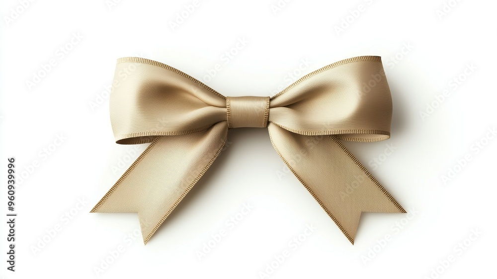 A gold ribbon bow is displayed on a white background A gold ribbon bow is displayed on a white background