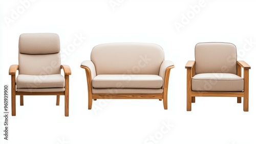 Three wooden chairs and a couch are arranged in a row