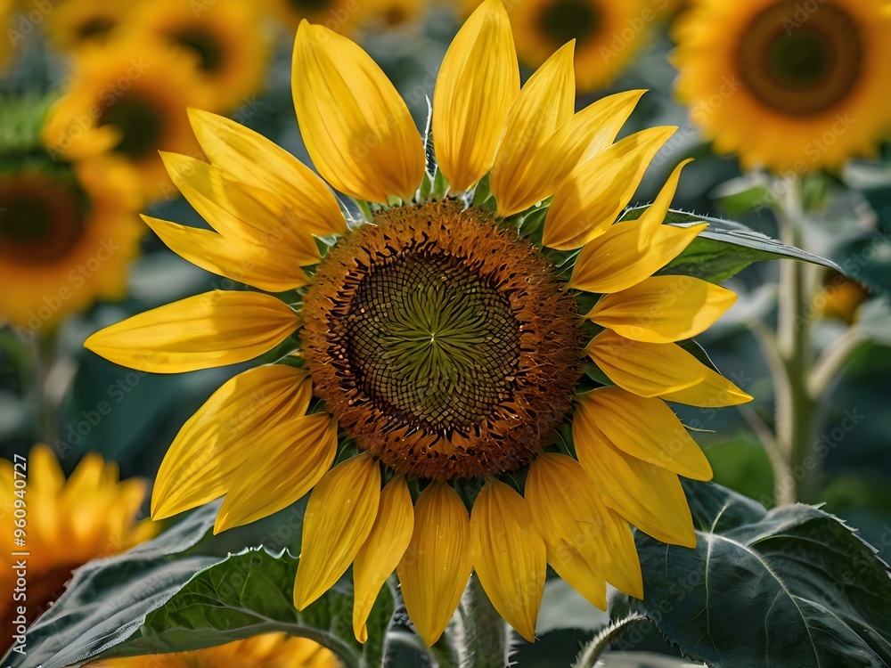 Naklejka premium beautiful sunflowers in close up shot during a clear day