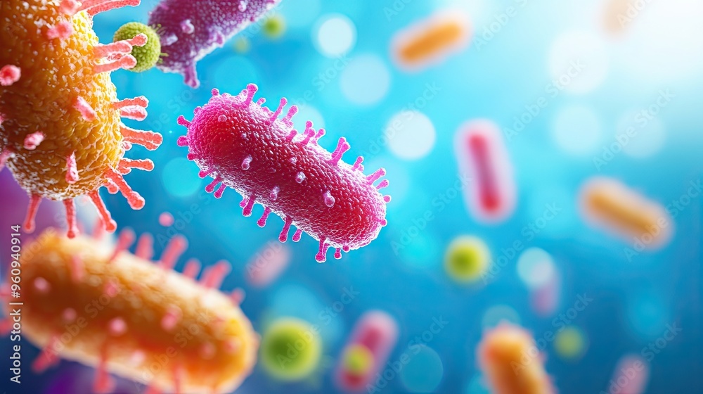 Fototapeta premium Microscopic World: Colorful Bacterial Colonies Invading Spoiled Fruit - 4K Illustration with Copy Space