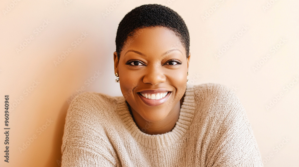 A black woman smiling and looking at the camera A black woman smiling and looking at the camera