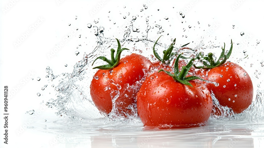 A close up of three ripe red tomatoes in a splash of water A close up of three ripe red tomatoes in a splash of water