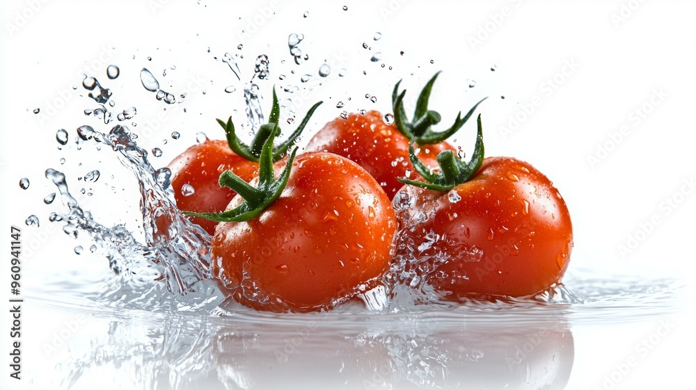 A close up of four ripe red tomatoes in a splash of water A close up of four ripe red tomatoes in a splash of water