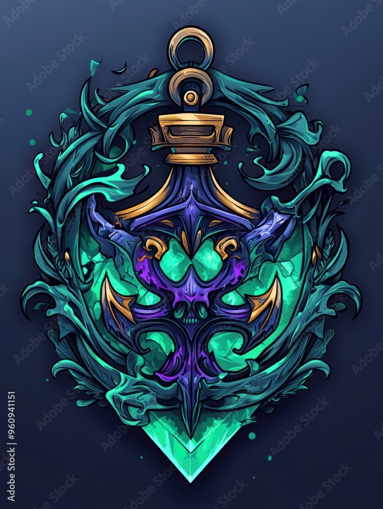 Fototapeta premium A stylized anchor with a gemstone and intricate floral designs in a vibrant color palette.