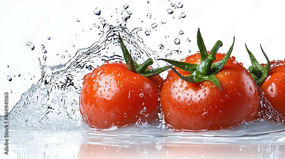 A close up of three ripe red tomatoes floating in a stream of water A close up of three ripe red tomatoes floating in a stream of water