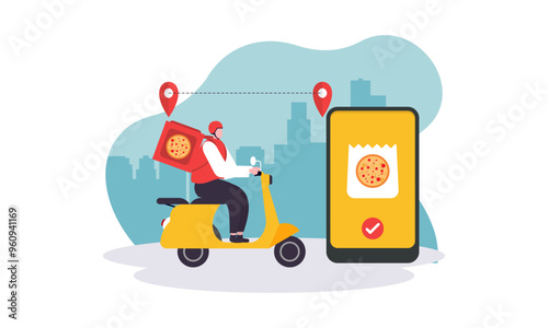 Cartoon pizza courier carries pizza on scooter. Pizzeria concept