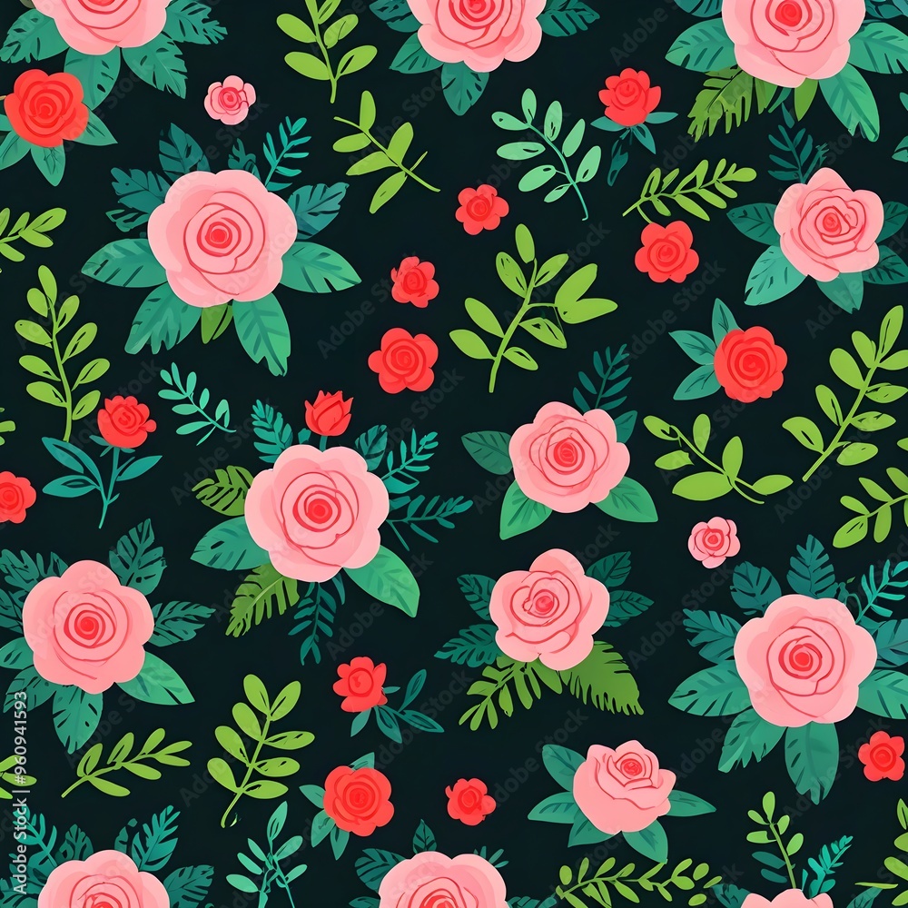 Floral Pattern with Pink Roses and Green Leaves Floral Pattern with Pink Roses and Green Leaves