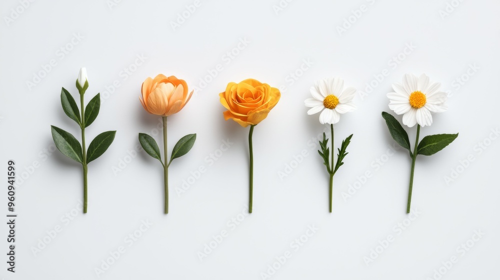 A row of five flowers, including a daisy and a rose, are arranged in a line