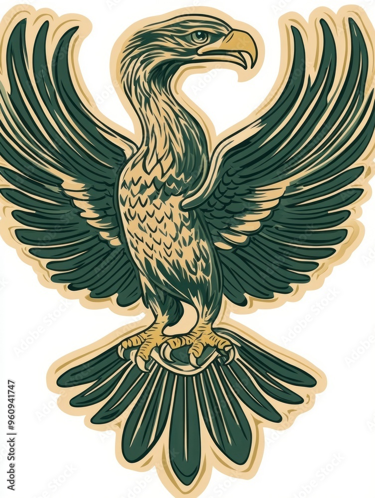 Obraz premium A detailed illustration of a green and brown eagle with its wings spread.