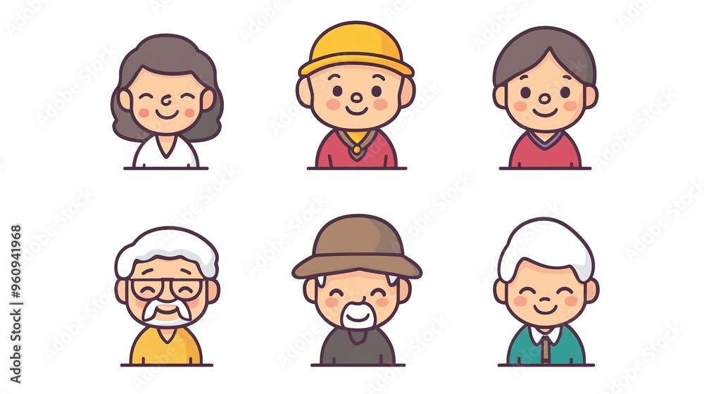 Nine Cute Old People Icons in Korean Style with Thick Lines and Cartoon Stickman Design. Featuring a White Background, Simple Lines, Flat Illustration, and Simple Colors. Styled Like Children's Book Nine Cute Old People Icons in Korean Style with Thick Lines and Cartoon Stickman Design. Featuring a White Background, Simple Lines, Flat Illustration, and Simple Colors. Styled Like Children's Book