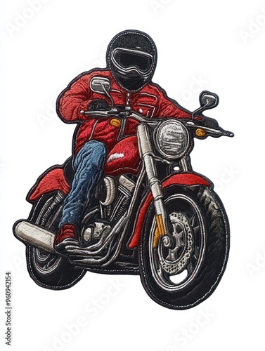 A biker in a red jacket and black helmet riding a red motorcycle. photo