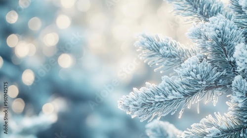 Winter Wonderland: Snow-Covered Evergreen Branch with Glimmering Lights