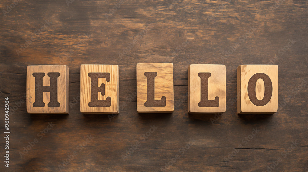 Wood cubes with text HELLO over stone