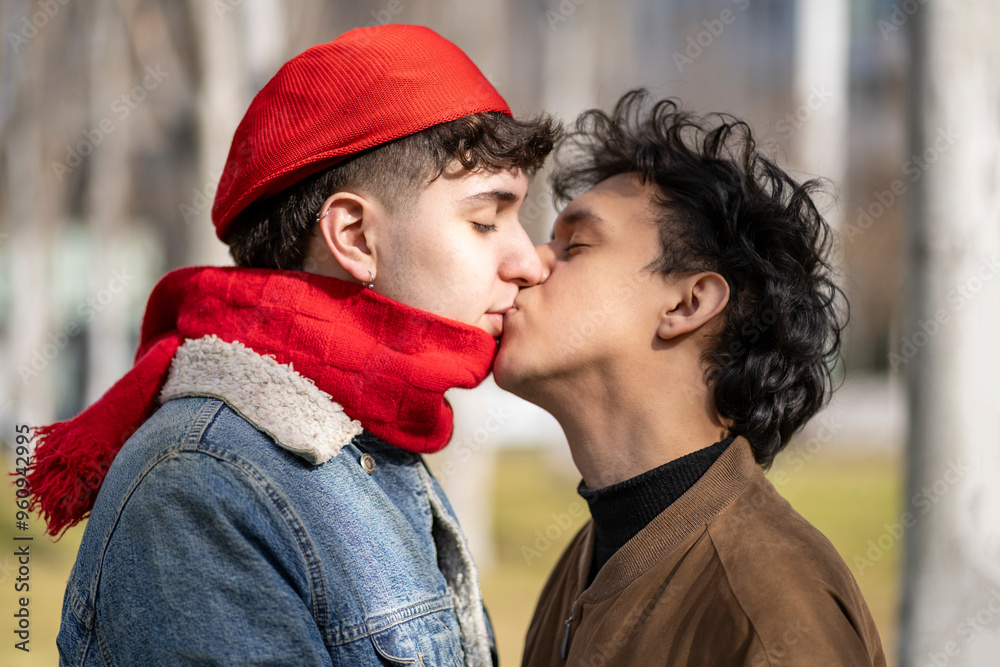 Fototapeta premium Young gay couple kissing in a park