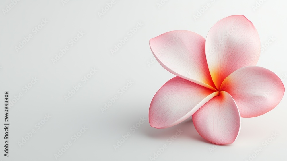 A pink flower with a yellow center sits on a white background