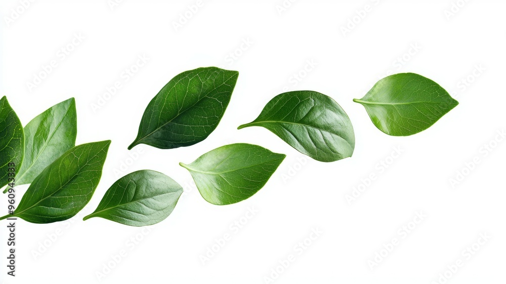 A row of green leaves are shown in a white background A row of green leaves are shown in a white background