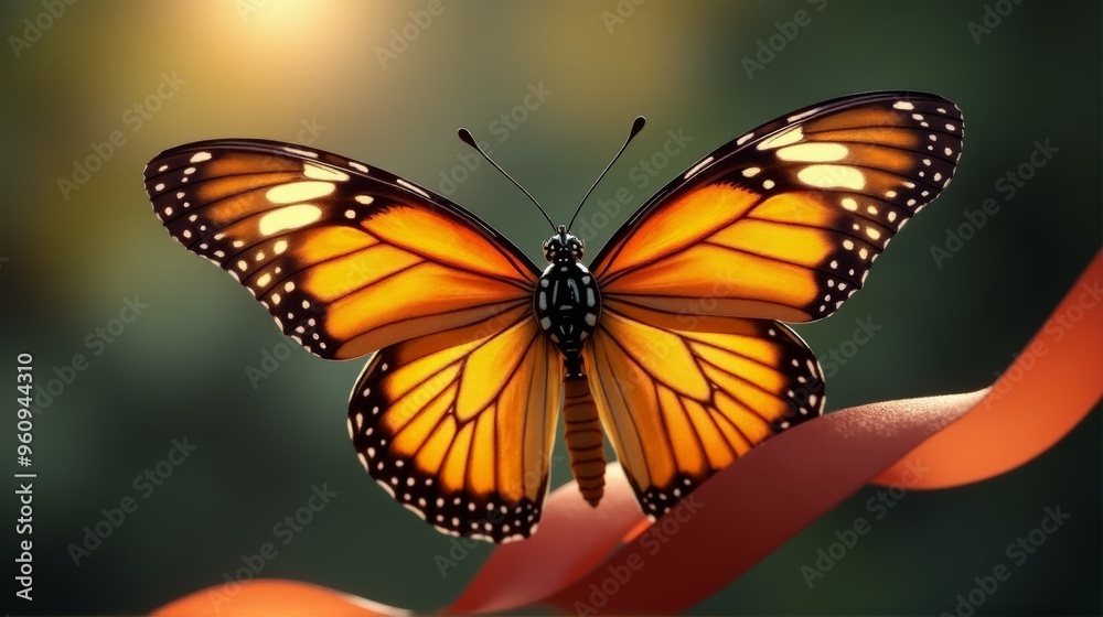 Fototapeta premium A butterfly is perched on a red ribbon