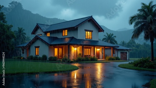 A large house with a slanted roof is surrounded by trees and has a driveway