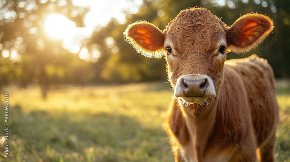 A young brown calf stands in a grassy field with the sun setting in the background. A young brown calf stands in a grassy field with the sun setting in the background.