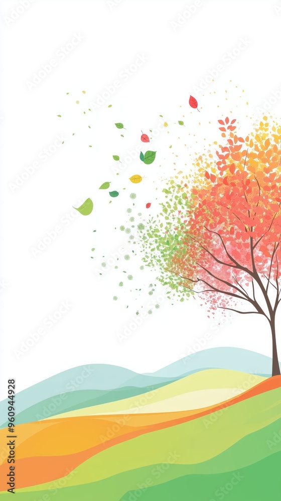 Obraz premium A vibrant illustration of a tree amid an autumn breeze, with colorful leaves blowing across a serene countryside landscape, captures the peaceful essence of fall.