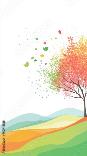 A vibrant illustration of a tree amid an autumn breeze, with colorful leaves blowing across a serene countryside landscape, captures the peaceful essence of fall.