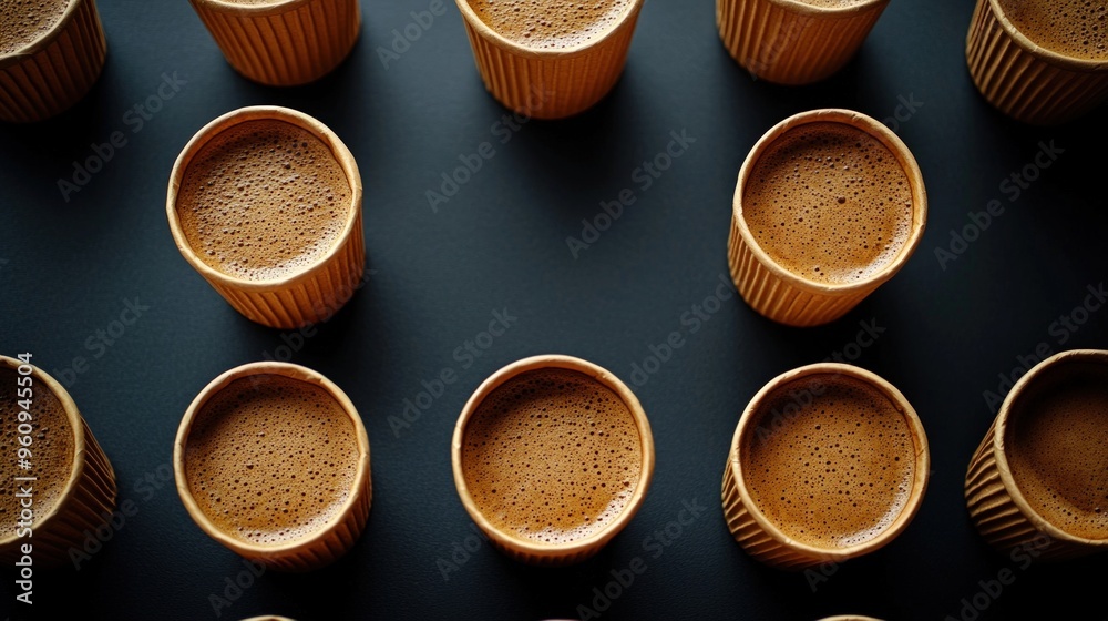 Top view of a pattern of disposable paper cups filled with coffee on a dark background. Top view of a pattern of disposable paper cups filled with coffee on a dark background.