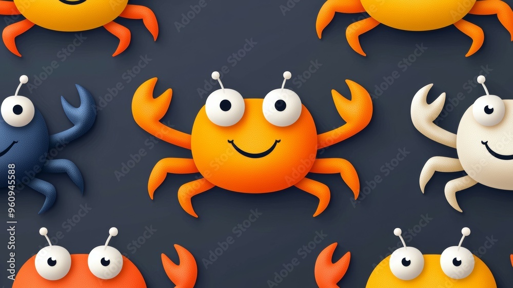 A group of cartoon crabs with different colors and sizes A group of cartoon crabs with different colors and sizes