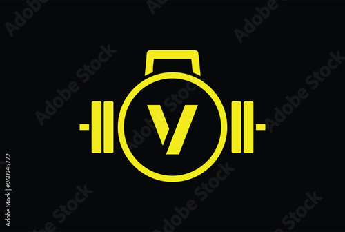 V Logo With barbell. Fitness Gym logo. fitness vector logo design for gym and fitness