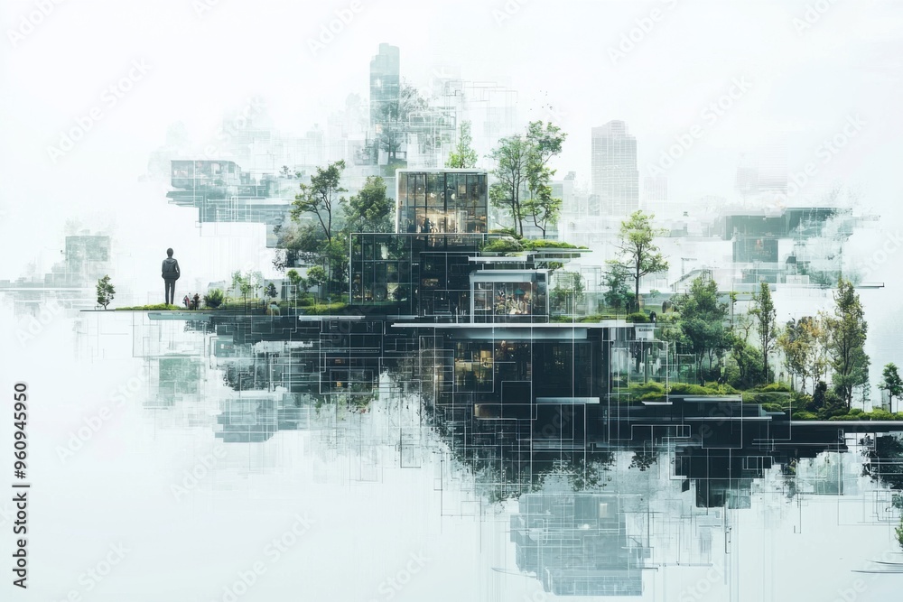 Naklejka premium Futuristic Cityscape with Green Rooftops.