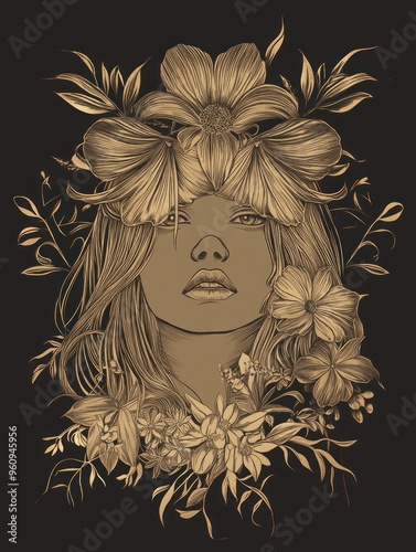 A woman's face is framed by floral designs in gold and black.