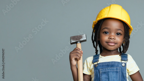 African little girl wearing helmet hard hat and overalls holding hammer