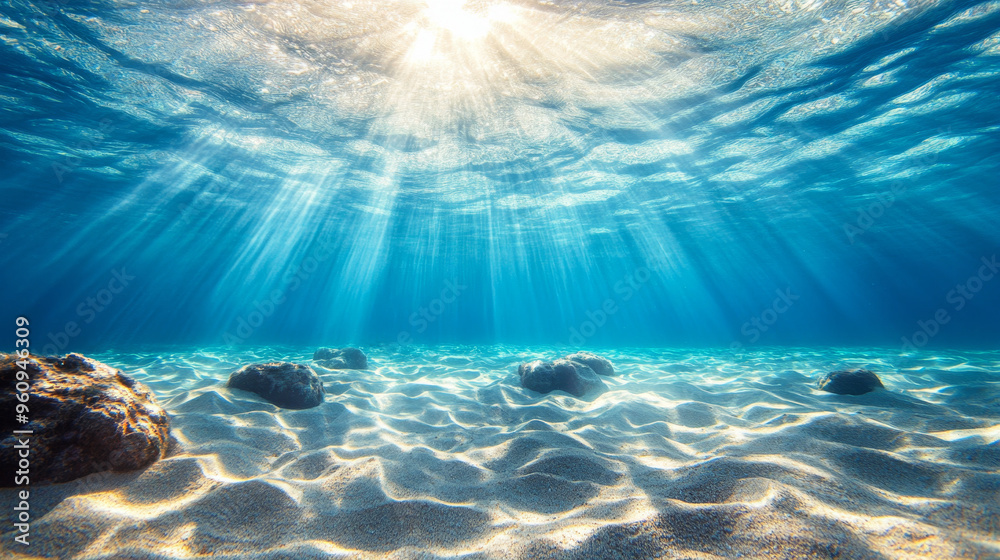 Underwater photography of the ocean floor, a sandy bottom with rocks and sand in clear blue water Underwater photography of the ocean floor, a sandy bottom with rocks and sand in clear blue water