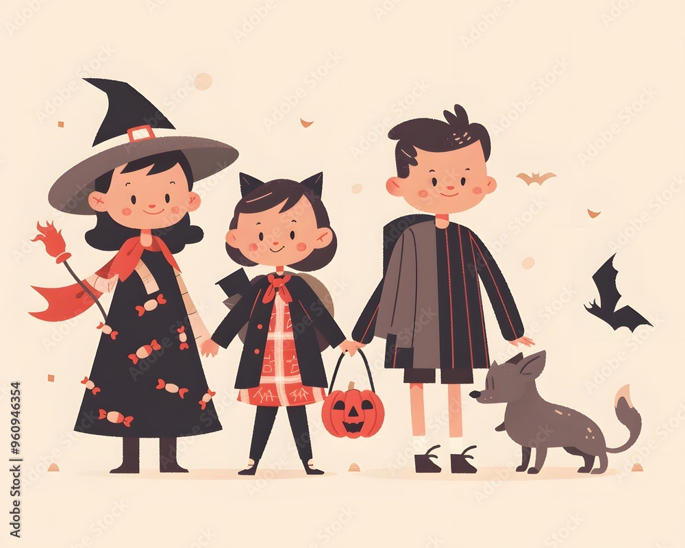 A whimsical Halloween scene with costumed children and a playful dog, celebrating the spirit of the holiday with joy. A whimsical Halloween scene with costumed children and a playful dog, celebrating the spirit of the holiday with joy.