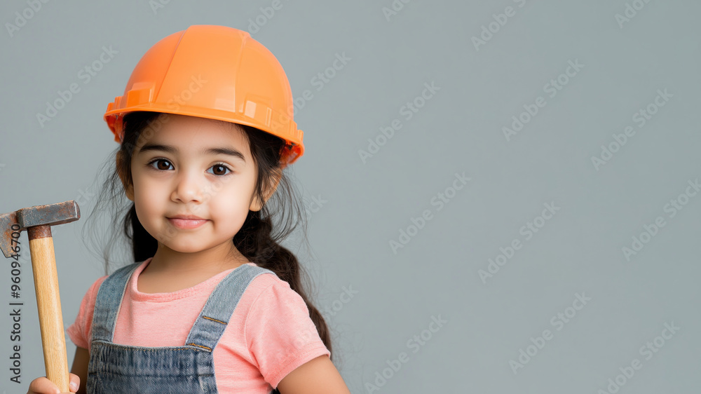 Hispanic little girl wearing helmet hard hat and overalls holding hammer Hispanic little girl wearing helmet hard hat and overalls holding hammer