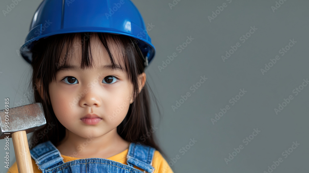 Malay little girl wearing helmet hard hat and overalls holding hammer Malay little girl wearing helmet hard hat and overalls holding hammer