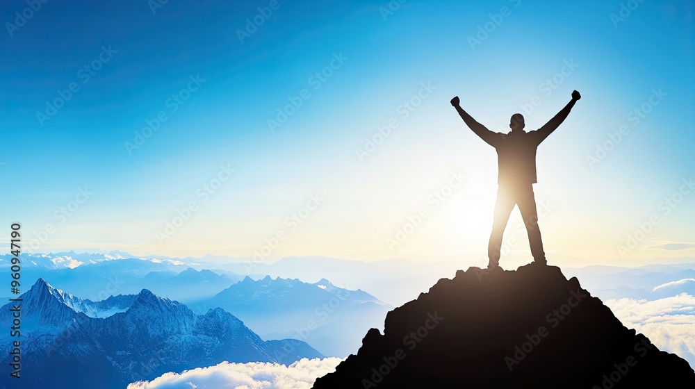 Conquering the Summit: Celebrating Success and Victory with Arms Raised in Triumph on Mountain Peak with Copy Space for Text Conquering the Summit: Celebrating Success and Victory with Arms Raised in Triumph on Mountain Peak with Copy Space for Text