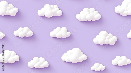 Pastel purple wallpaper pattern with floating white clouds against a clean isolated background  This seamless repeating design has a soft calming aesthetic that would work well as a digital backdrop